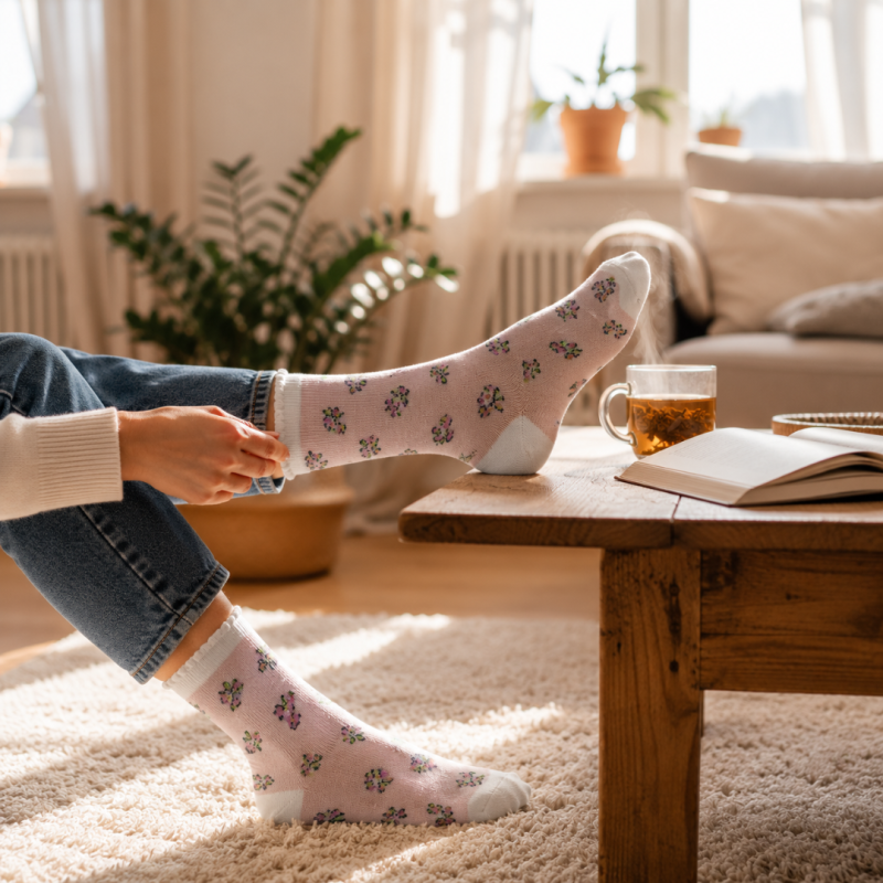 L5003 Pastel Pink Floral Cotton Socks